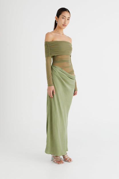 Vestido largo de malla transparente con hombros descubiertos Lillian 
