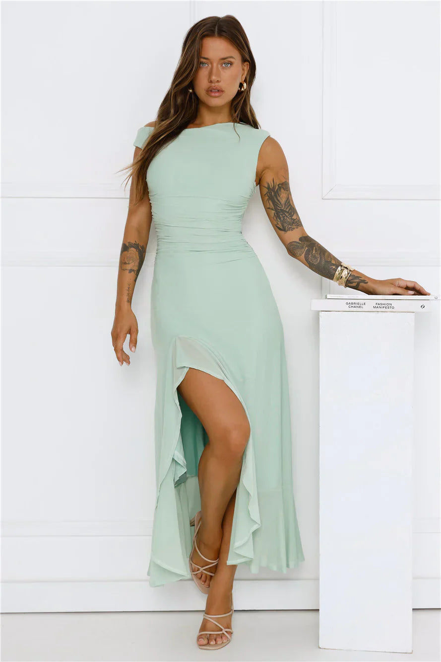 Effortless Girl Off Shoulder Mesh Midi Dress