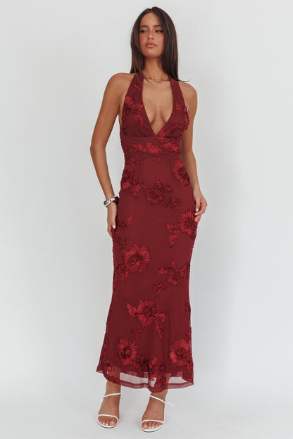 Cipriana Backless Halter Maxi Dress Embellished Wine