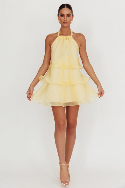Tulips Tiered Halterneck Mini Dress Lemon