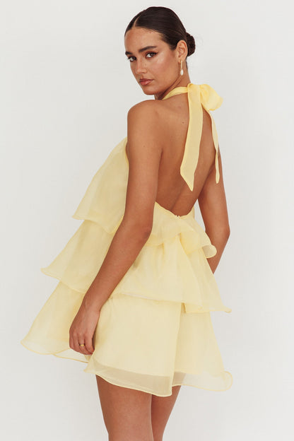 Tulips Tiered Halterneck Mini Dress Lemon