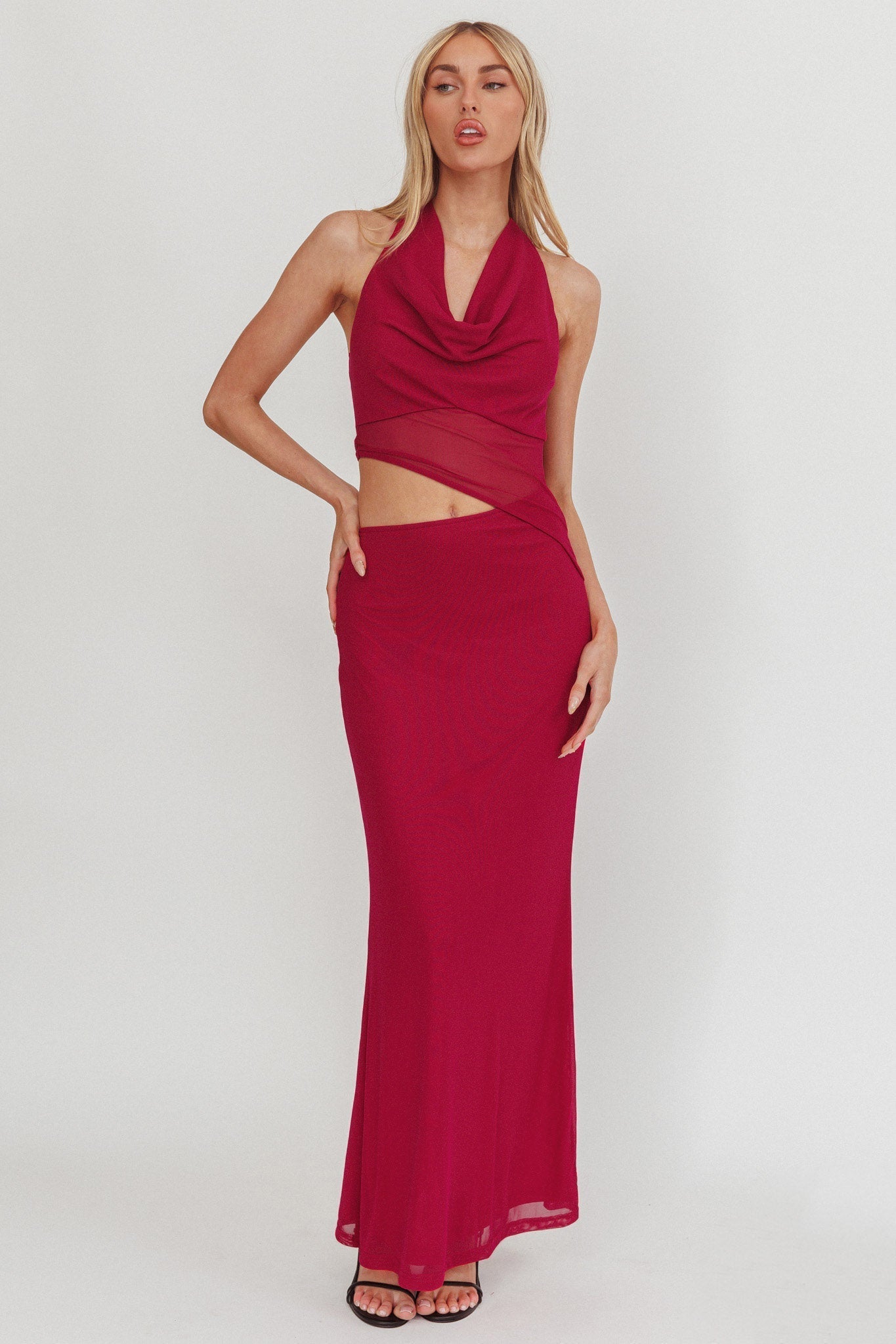 Playing Games Cut-Out Cowl Halter Dress Berry