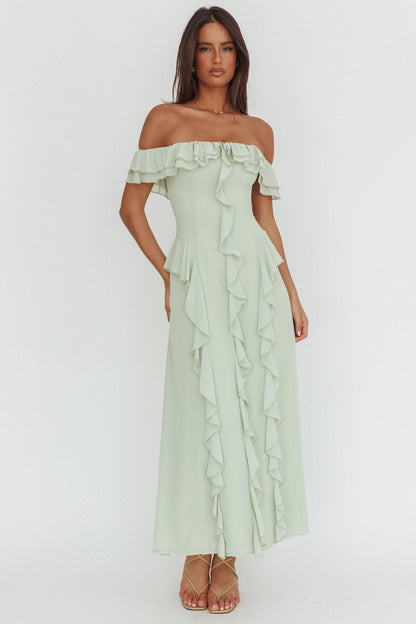 Scarlet Off-Shoulder Ruffle Trim Maxi Dress Sage