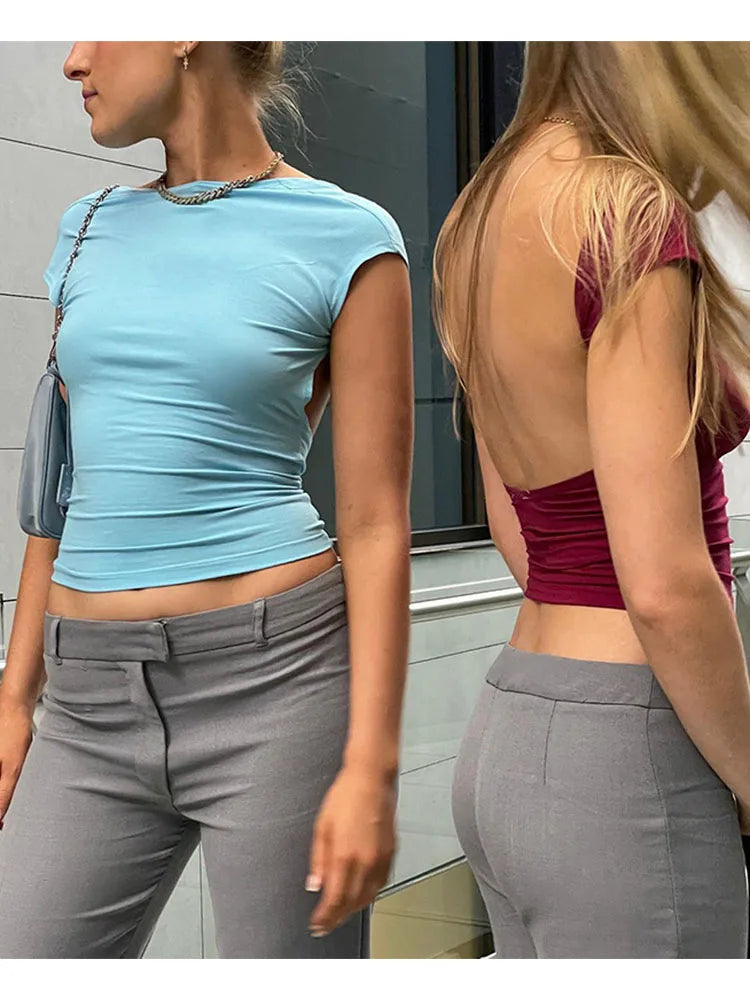 Top corto azul Y2K de manga corta sin espalda para mujer, informal, con cuello redondo, camisetas de verano 2025, sexy, vintage, con recortes