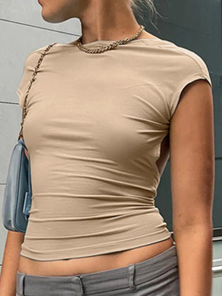Top corto azul Y2K de manga corta sin espalda para mujer, informal, con cuello redondo, camisetas de verano 2025, sexy, vintage, con recortes