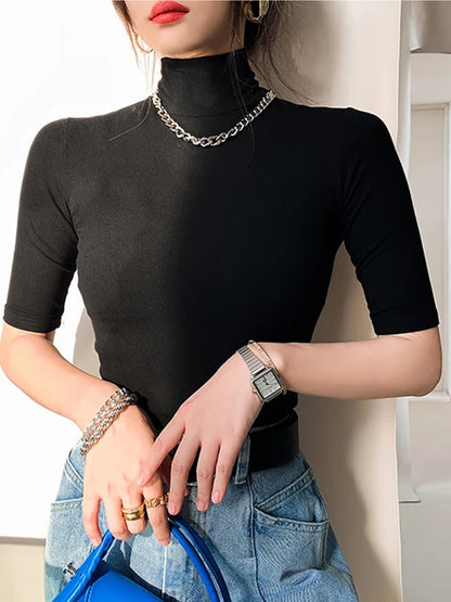 Camiseta básica de algodón para mujer, camiseta ajustada de cuello alto, camisetas de manga corta para mujer, camiseta blanca elástica informal para mujer, top para mujer
