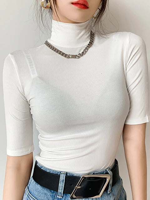 Camiseta básica de algodón para mujer, camiseta ajustada de cuello alto, camisetas de manga corta para mujer, camiseta blanca elástica informal para mujer, top para mujer