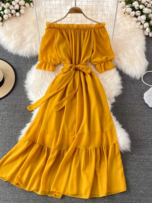 Vestido de playa para mujer, sexy, con hombros descubiertos, corte en A, de gasa, elegante, de fiesta, largo