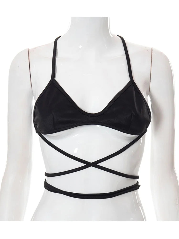 Black Halterneck Tube Top Vest Strapless Backless Street Women’s Top 2025 Summer Casual V-neck Short Y2k Vest for Women