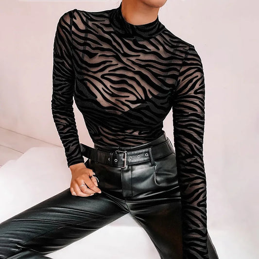 Body sexy transparente de malla negra de manga larga ajustado a rayas con cuello alto, mono informal para mujer, para fiesta y club