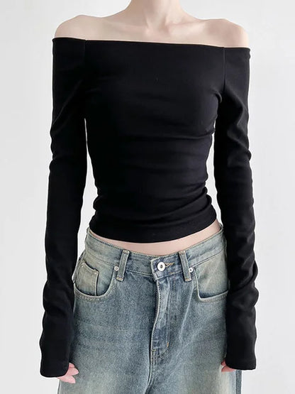 Black Solid Slash Neck Elegant Long Sleeve Tops Korean Fashion Slim Sexy Cropped T Shirt Women Fall Clothing