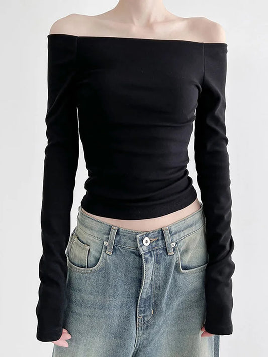 Camiseta negra lisa con cuello oblicuo, elegante, de manga larga, estilo coreano, ajustada, sexy, corta, para mujer, ropa de otoño