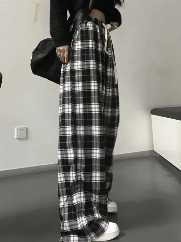 Pantalones a cuadros en blanco y negro para mujer, pantalón informal, holgado, de pierna ancha, estilo retro, recto, estilo hip hop, ropa de calle.