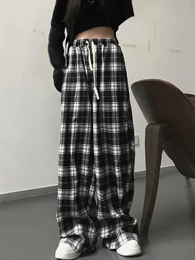 Pantalones a cuadros en blanco y negro para mujer, pantalón informal, holgado, de pierna ancha, estilo retro, recto, estilo hip hop, ropa de calle.