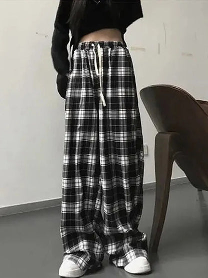 Pantalones a cuadros en blanco y negro para mujer, pantalón informal, holgado, de pierna ancha, estilo retro, recto, estilo hip hop, ropa de calle.