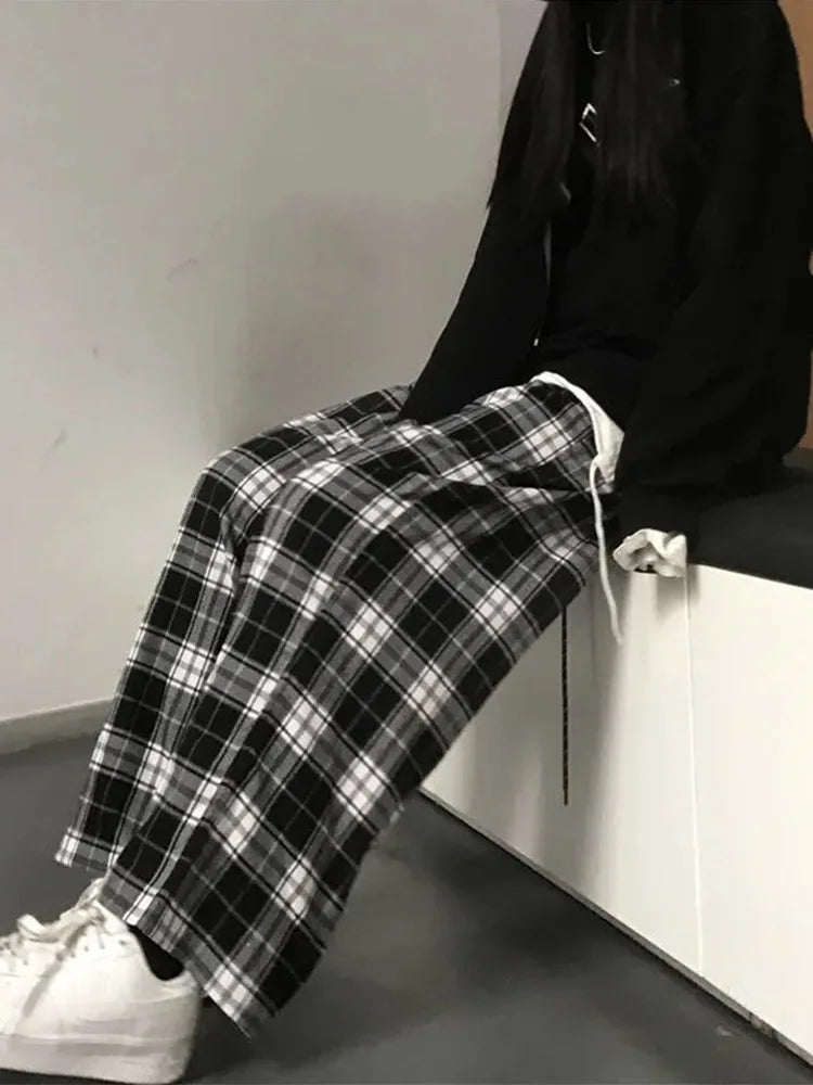 Pantalones a cuadros en blanco y negro para mujer, pantalón informal, holgado, de pierna ancha, estilo retro, recto, estilo hip hop, ropa de calle.