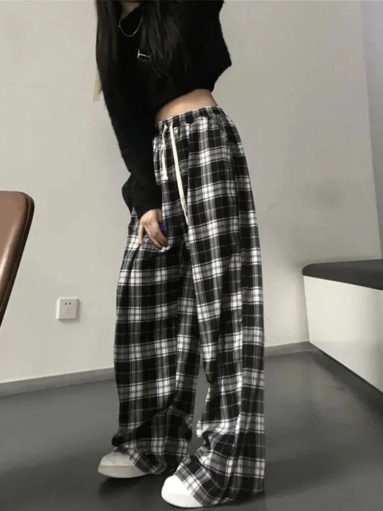 Pantalones a cuadros en blanco y negro para mujer, pantalón informal, holgado, de pierna ancha, estilo retro, recto, estilo hip hop, ropa de calle.