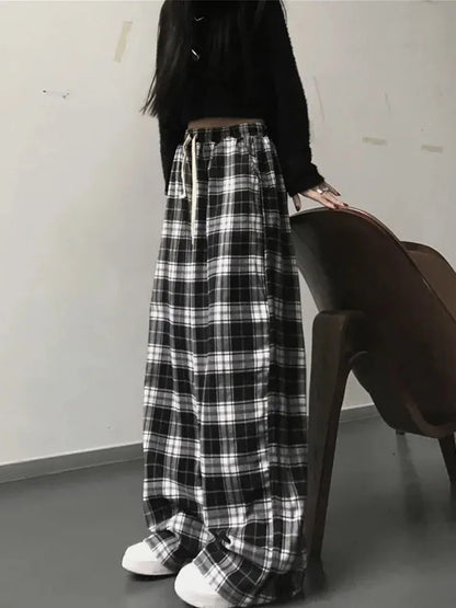 Pantalones a cuadros en blanco y negro para mujer, pantalón informal, holgado, de pierna ancha, estilo retro, recto, estilo hip hop, ropa de calle.