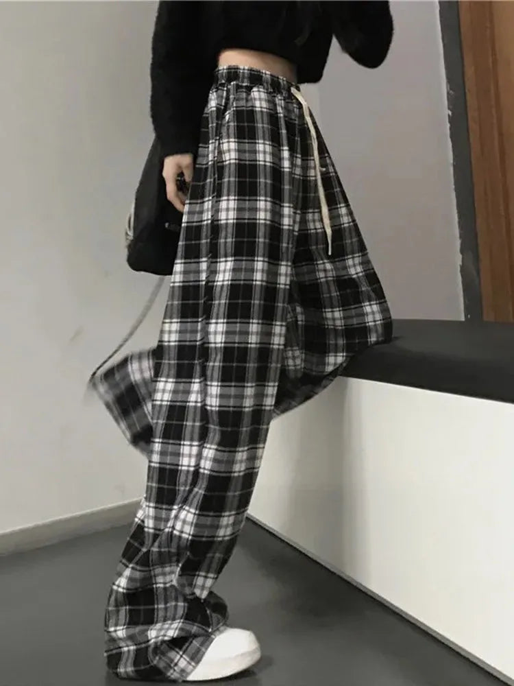 Pantalones a cuadros en blanco y negro para mujer, pantalón informal, holgado, de pierna ancha, estilo retro, recto, estilo hip hop, ropa de calle.