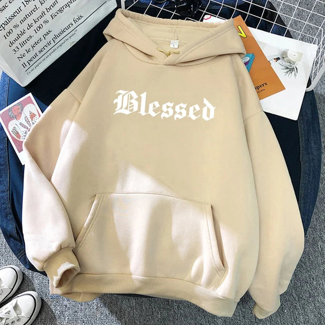 Sudadera con capucha estampada con creatividad bendita para mujer, estilo callejero, hip hop, otoño, ropa de polar holgada, sudadera cómoda