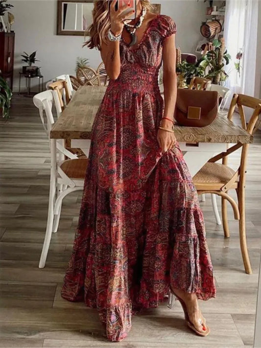 Vestidos largos con estampado bohemio para mujer, cuello en V, cintura elástica, mangas cortas, estilo casual de vacaciones, vestidos vintage de moda para mujer
