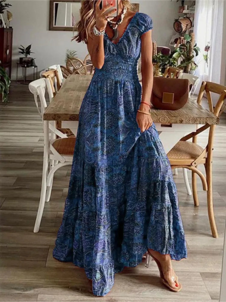 Vestidos largos con estampado bohemio para mujer, cuello en V, cintura elástica, mangas cortas, estilo casual de vacaciones, vestidos vintage de moda para mujer