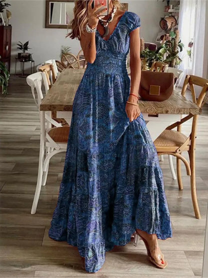 Vestidos largos con estampado bohemio para mujer, cuello en V, cintura elástica, mangas cortas, estilo casual de vacaciones, vestidos vintage de moda para mujer