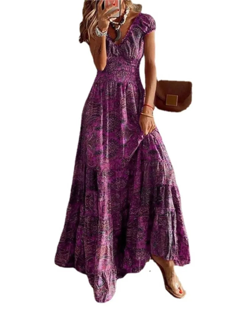 Vestidos largos con estampado bohemio para mujer, cuello en V, cintura elástica, mangas cortas, estilo casual de vacaciones, vestidos vintage de moda para mujer
