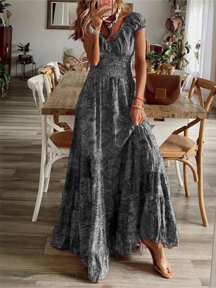 Vestidos largos con estampado bohemio para mujer, cuello en V, cintura elástica, mangas cortas, estilo casual de vacaciones, vestidos vintage de moda para mujer