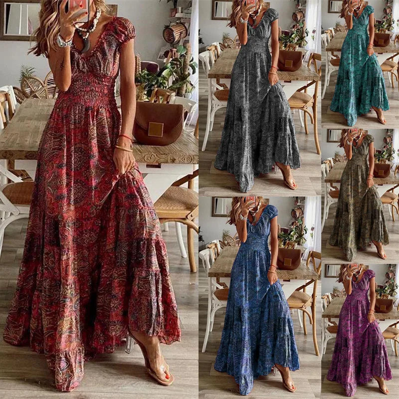 Vestidos largos con estampado bohemio para mujer, cuello en V, cintura elástica, mangas cortas, estilo casual de vacaciones, vestidos vintage de moda para mujer