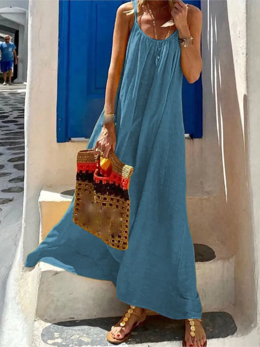 Vestidos bohemios de tirantes finos de color liso para mujer, sueltos, sexis, sin espalda, para vacaciones en la playa, vestidos largos casuales de moda para mujer