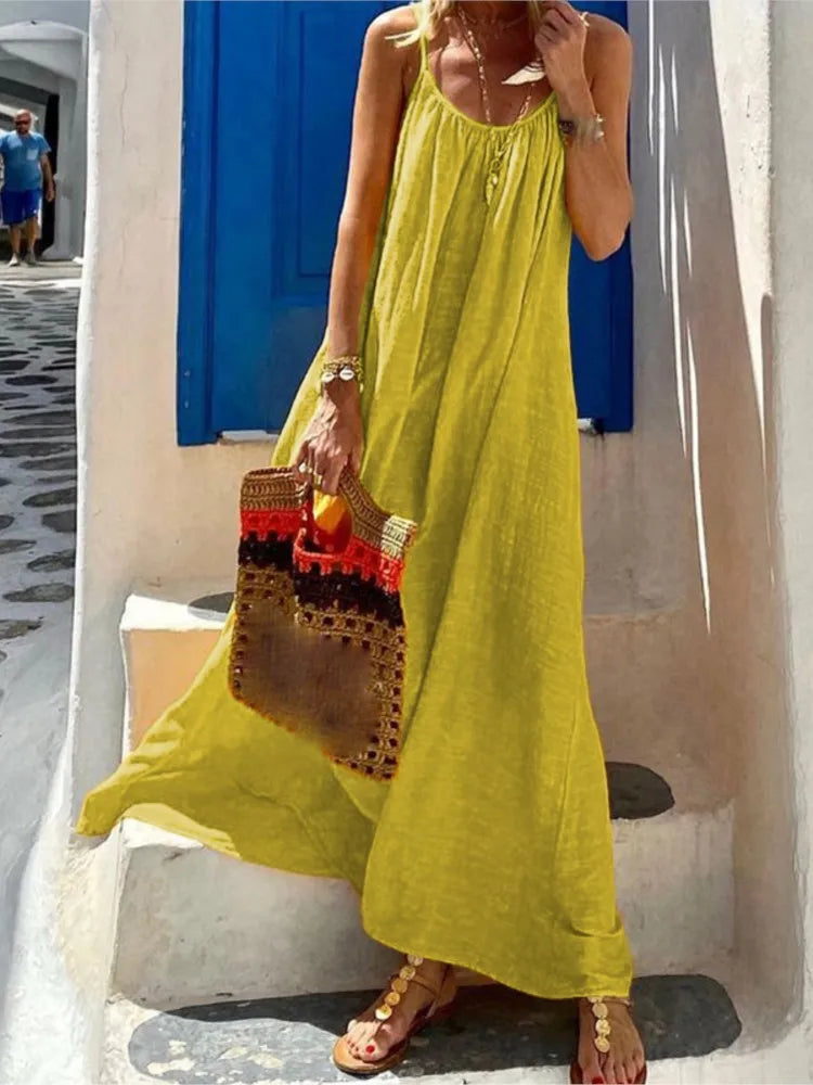 Bohemian Solid Color Spaghetti Strap Dresses Women Loose Sexy Backless Beach Vacation Long Dress Female Fashion Casual Vestidos