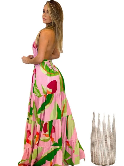 Bohemian Style Print Halter Neck Dresses Women Sexy V-neck Backless Vacation Beach Long Dress Casual Commuting Clothing Vestidos