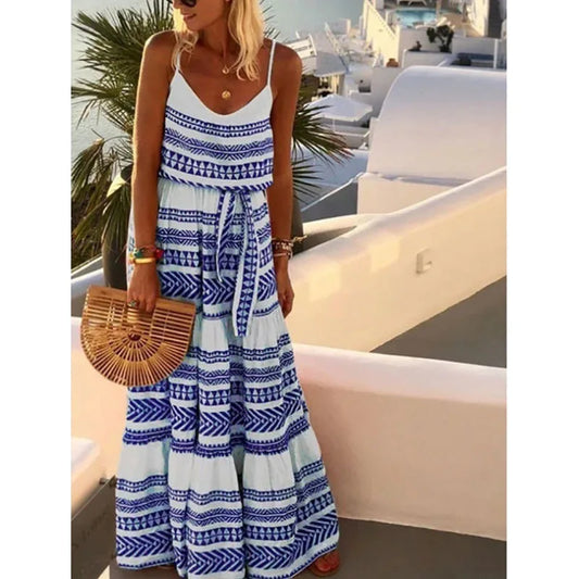 Vestido largo con tirantes finos y estampado estilo bohemio para mujer, cuello en V, informal, camisola de playa, novedad de verano 2025
