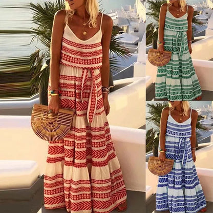 Bohemian Style Print Spaghetti Strap Long Dresses Women V-neck Leace-up Casual Beach Camisole Dress 2025 Summer New Lady Vestido