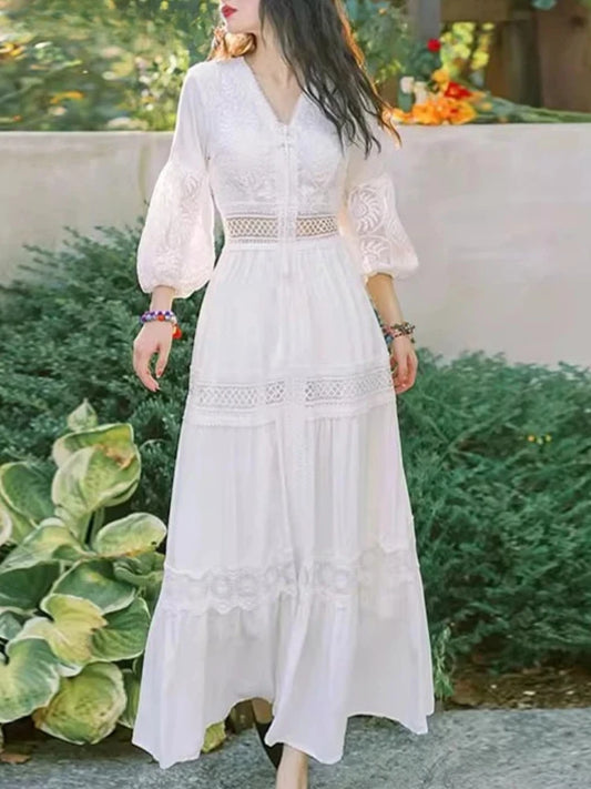 Vestido de playa blanco bohemio para mujer, elegante vestido de fiesta para primavera y otoño, cuello en V, sexy, con aberturas, cintura alta, largo