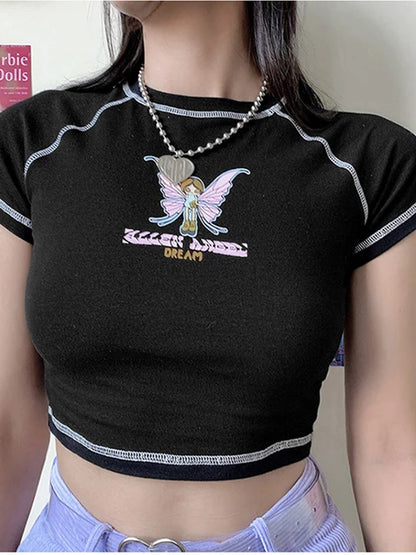 Camisetas cortas verdes con estampado de mariposas y letras, cuello redondo, manga corta, ropa vintage, camiseta para novios