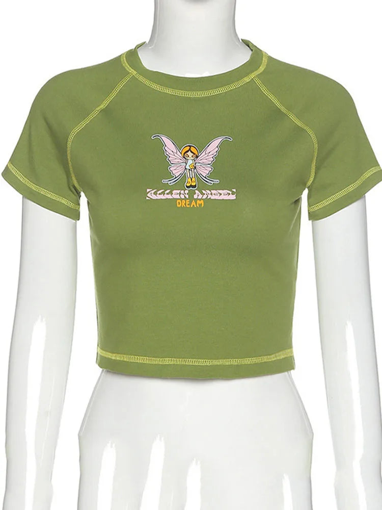 Camisetas cortas verdes con estampado de mariposas y letras, cuello redondo, manga corta, ropa vintage, camiseta para novios