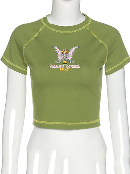 Camisetas cortas verdes con estampado de mariposas y letras, cuello redondo, manga corta, ropa vintage, camiseta para novios