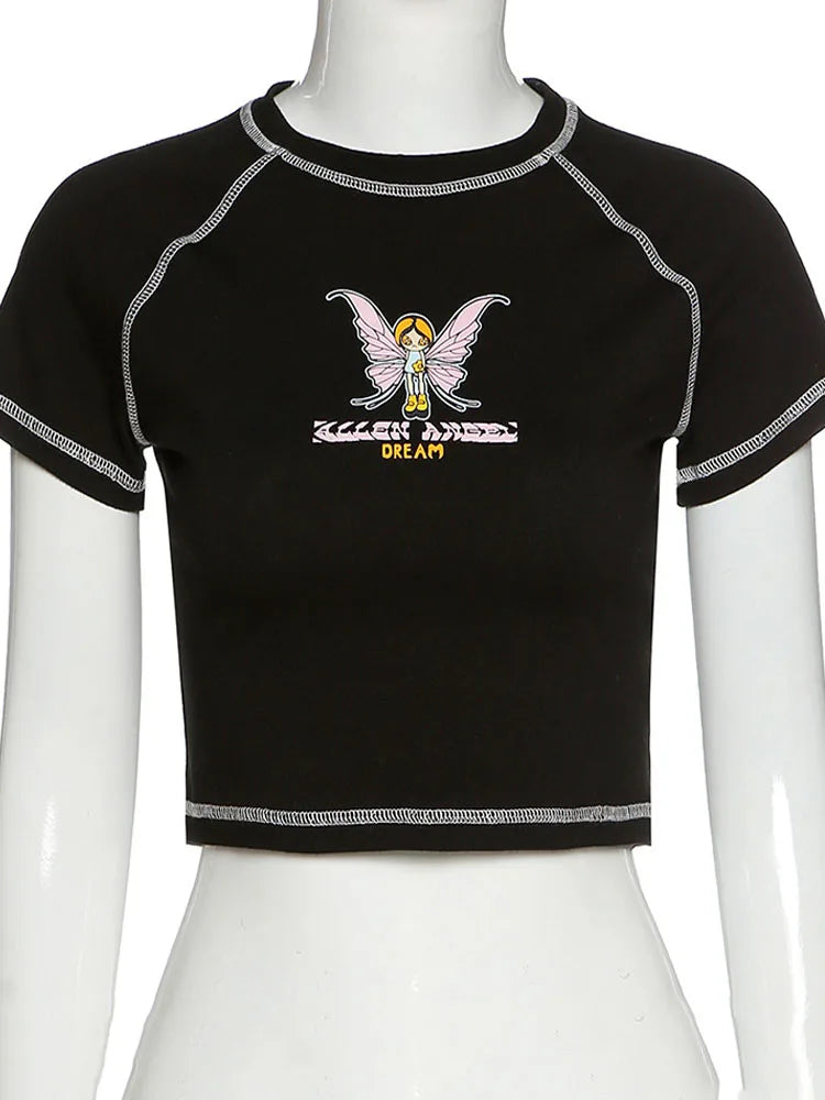 Camisetas cortas verdes con estampado de mariposas y letras, cuello redondo, manga corta, ropa vintage, camiseta para novios