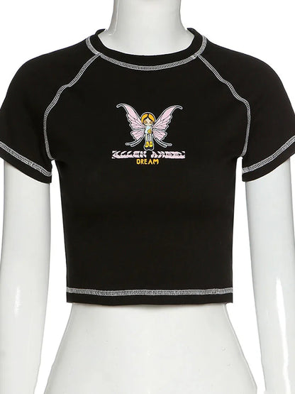 Camisetas cortas verdes con estampado de mariposas y letras, cuello redondo, manga corta, ropa vintage, camiseta para novios