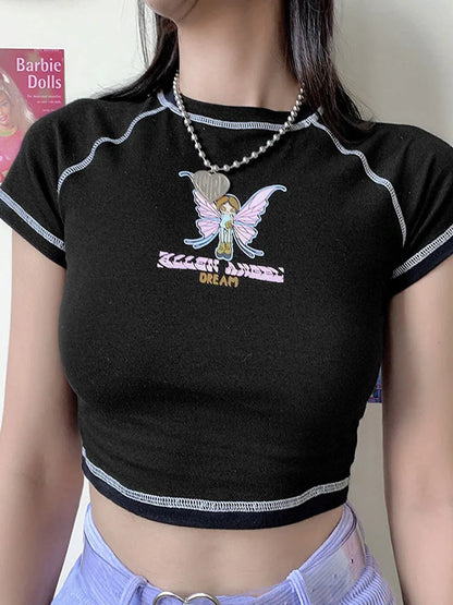 Camisetas cortas verdes con estampado de mariposas y letras, cuello redondo, manga corta, ropa vintage, camiseta para novios