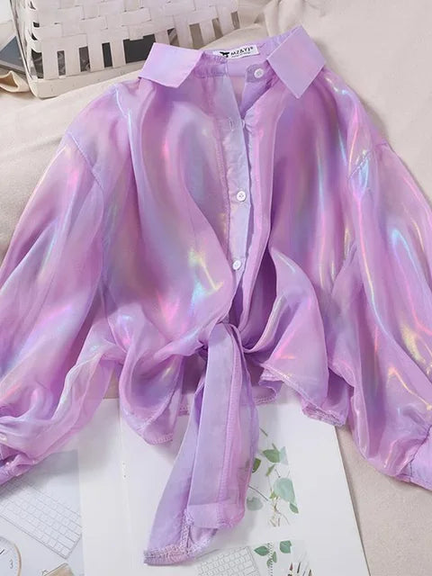 Camisas abotonadas para mujer, blusas sexis de media manga con brillos y cintura atada para otoño 2025