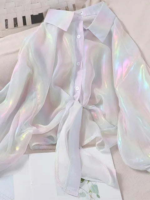 Camisas abotonadas para mujer, blusas sexis de media manga con brillos y cintura atada para otoño 2025