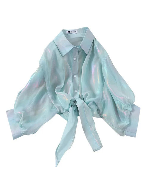 Camisas abotonadas para mujer, blusas sexis de media manga con brillos y cintura atada para otoño 2025