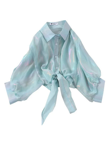 Camisas abotonadas para mujer, blusas sexis de media manga con brillos y cintura atada para otoño 2025