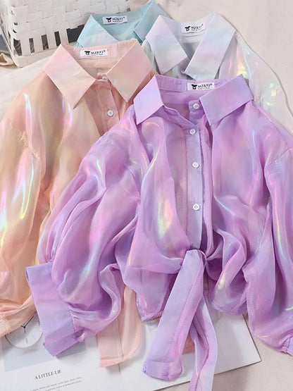 Camisas abotonadas para mujer, blusas sexis de media manga con brillos y cintura atada para otoño 2025