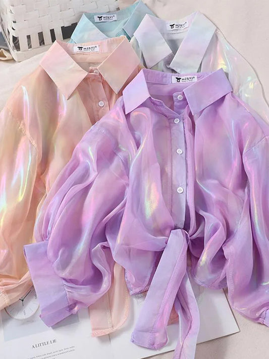 Camisas abotonadas para mujer, blusas sexis de media manga con brillos y cintura atada para otoño 2025