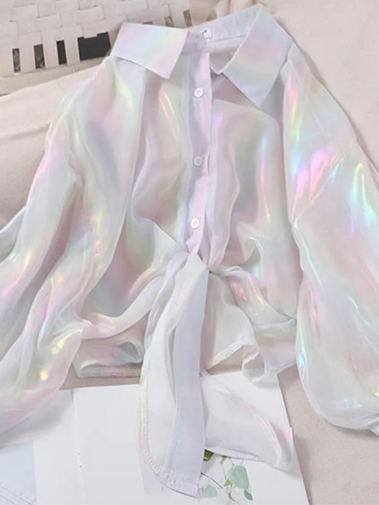 Camisas abotonadas para mujer, blusas sexis de media manga con brillos y cintura atada para otoño 2025