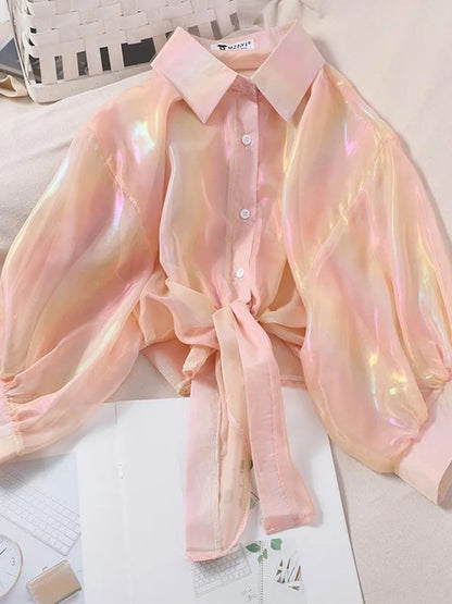 Camisas abotonadas para mujer, blusas sexis de media manga con brillos y cintura atada para otoño 2025